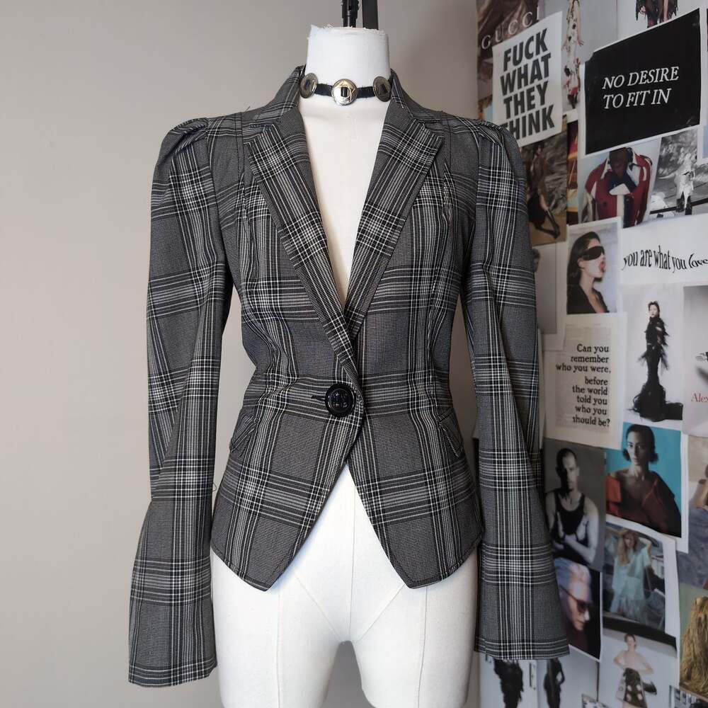 Plaid Puff Sleeve Tailored Blazer Y2k